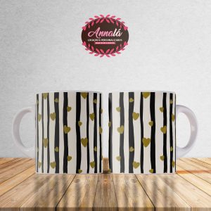 Canecas dia dos namorados – Caneca detalhes de corações dourados e fundo de listras