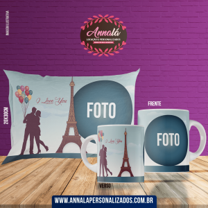 Kit caneca e almofada namorados – I Love You paris