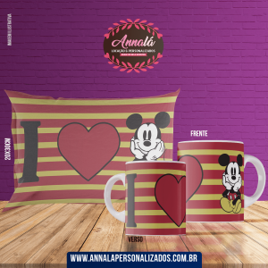 Kit caneca e almofada namorados – I coracao e mikey