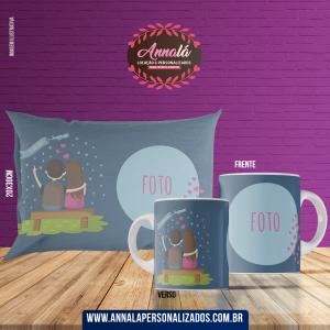 Kit caneca e almofada namorados – casal abraçados desenho