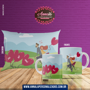 Kit caneca e almofada namorados – eu te amo e coracoes