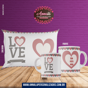 Kit caneca e almofada namorados – love com coracao