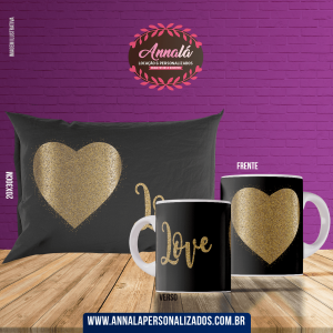 Kit caneca e almofada namorados – love dourado