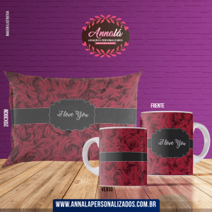 Kit caneca e almofada namorados – love you com flores