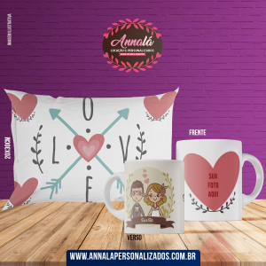 Kit caneca e almofada namorados – setas coração love