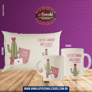 Kit caneca e almofada namorados – te amo com cactos