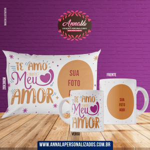 Kit caneca e almofada namorados – te amo  muito com foto